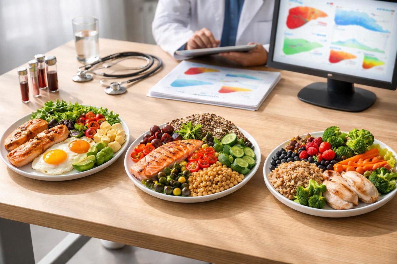 Illustration d'aliments associés au régime cétogène (œufs, porc, poulet, asperges) et au régime méditerranéen (avoine, amandes, myrtilles, quinoa) disposés pour comparer les compositions nutritionnelles.