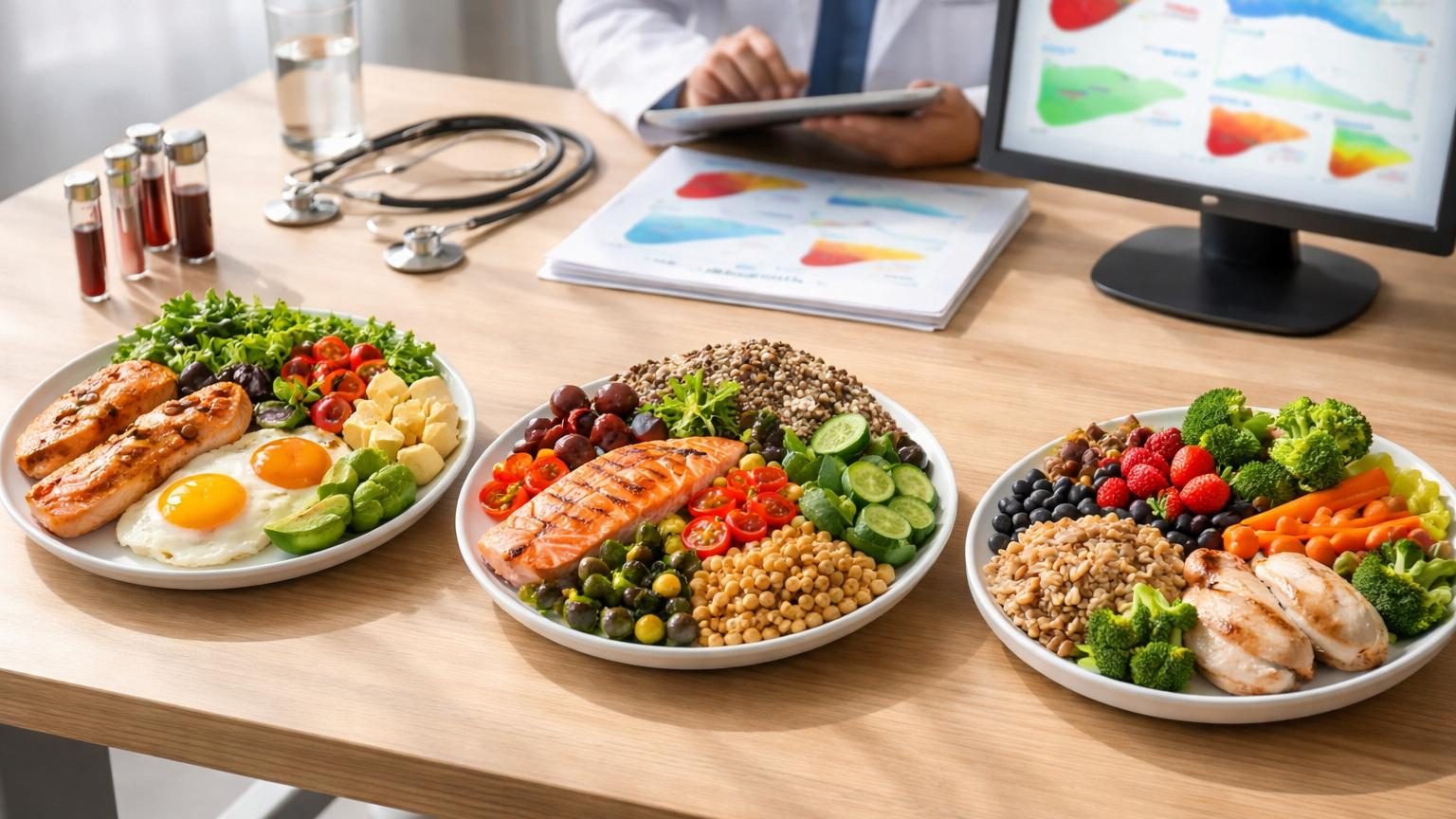 Illustration d'aliments associés au régime cétogène (œufs, porc, poulet, asperges) et au régime méditerranéen (avoine, amandes, myrtilles, quinoa) disposés pour comparer les compositions nutritionnelles.