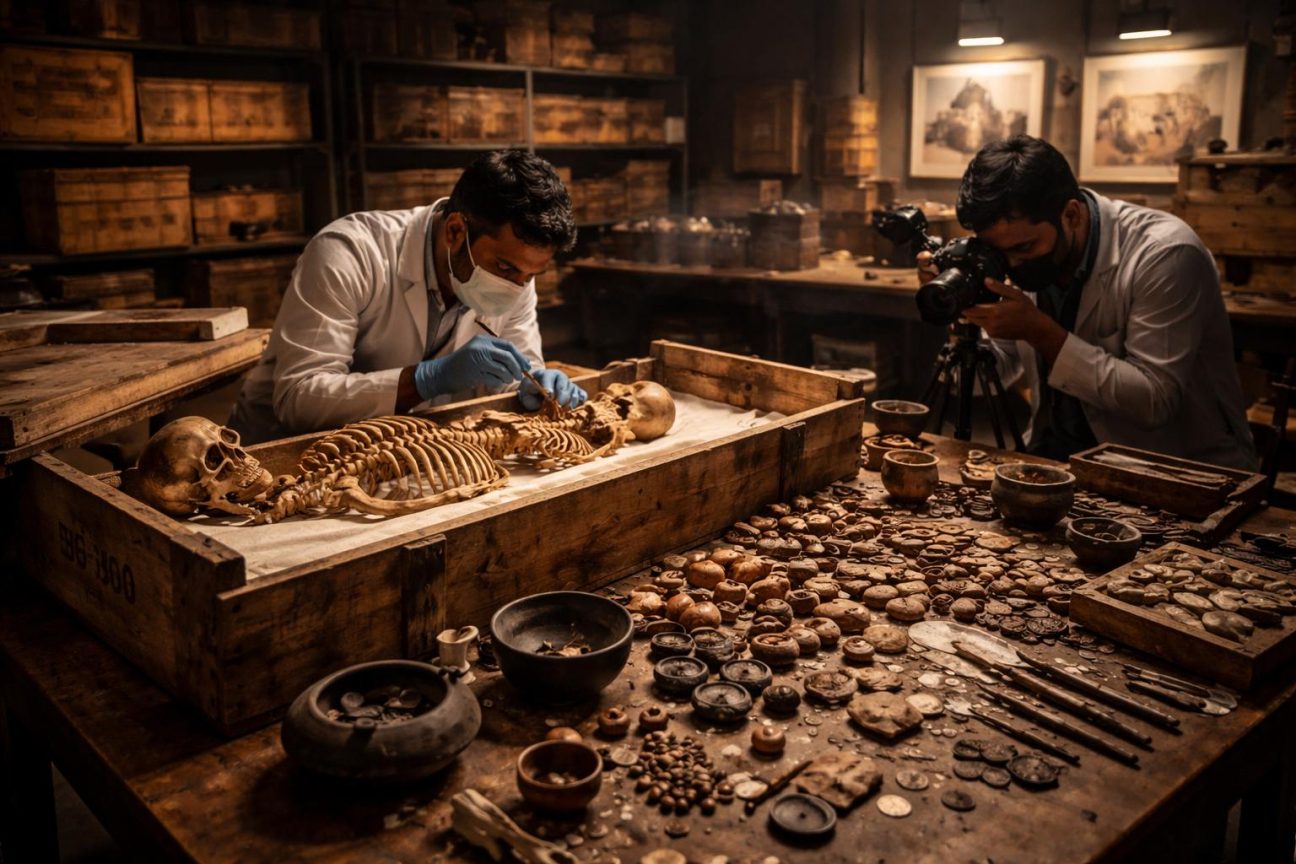 Photographie d'une caisse archéologique ouverte contenant des fragments de céramique ancienne noire et peinte, des sceaux en pierre gravés et des petits objets en cuivre et ivoire, stockés dans les réserves universitaires.