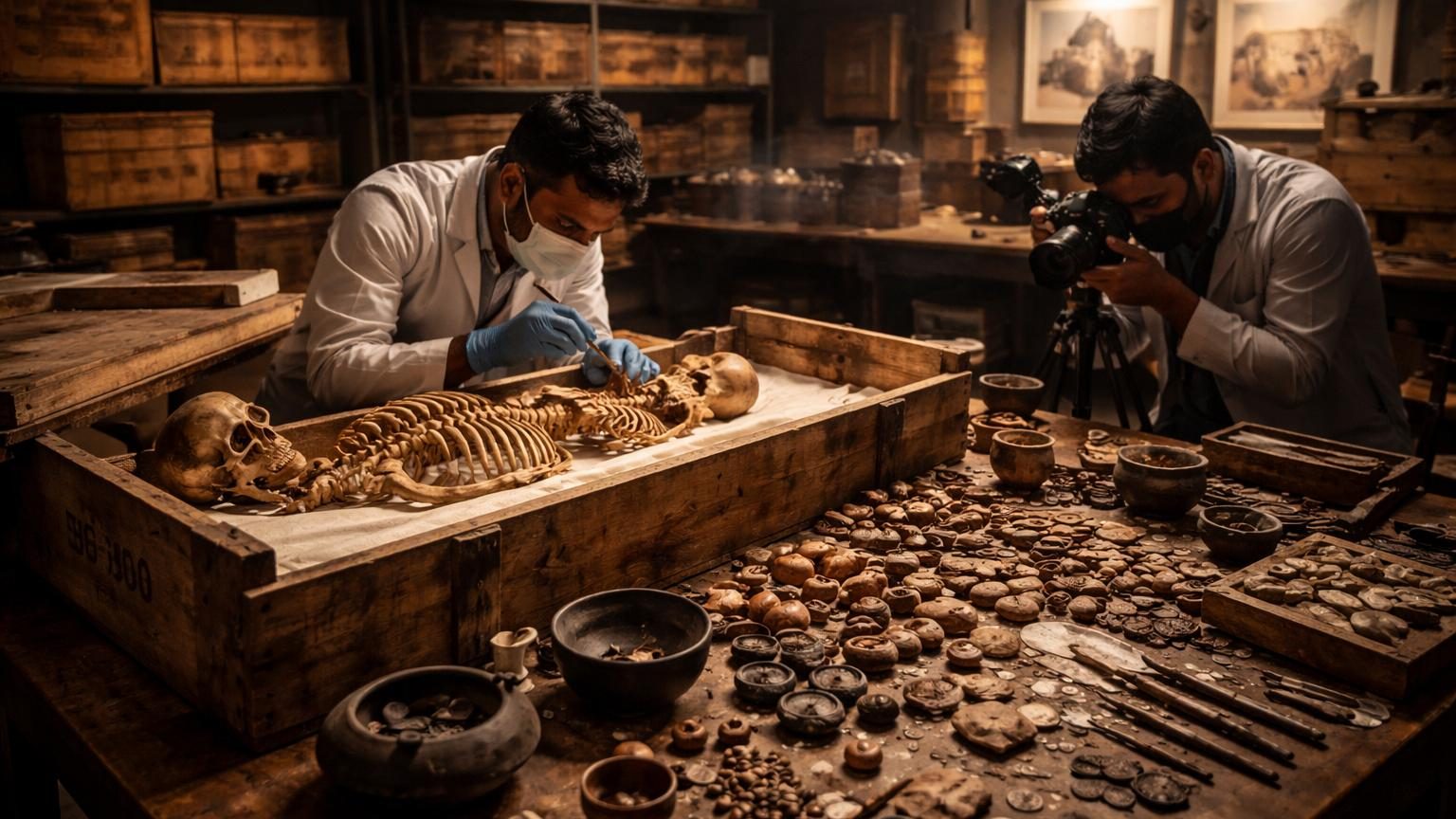 Photographie d'une caisse archéologique ouverte contenant des fragments de céramique ancienne noire et peinte, des sceaux en pierre gravés et des petits objets en cuivre et ivoire, stockés dans les réserves universitaires.