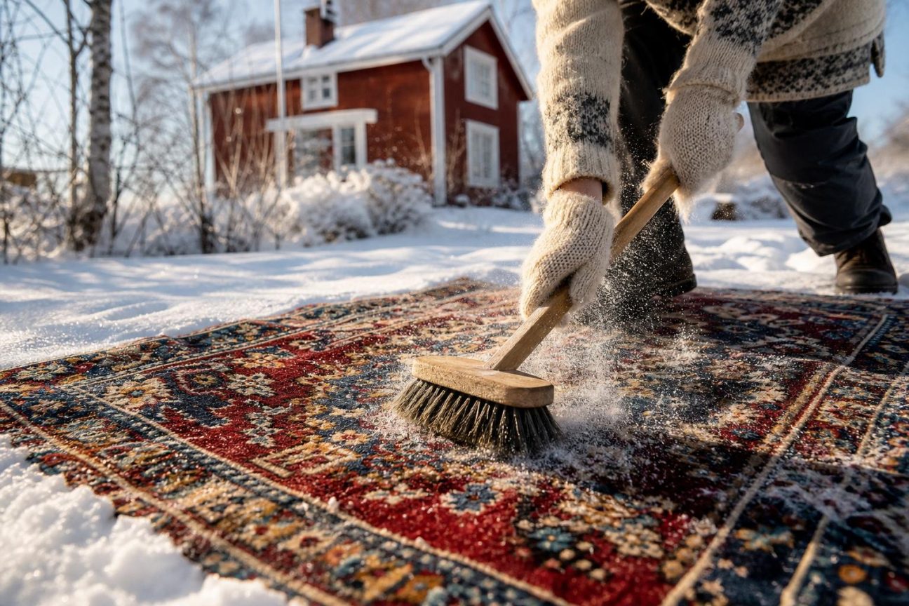 Un tapis en laine de couleur rouge et bleu étendu sur la neige fraîche d'une cour en hiver, avec un balai aux poils souples posé à côté.