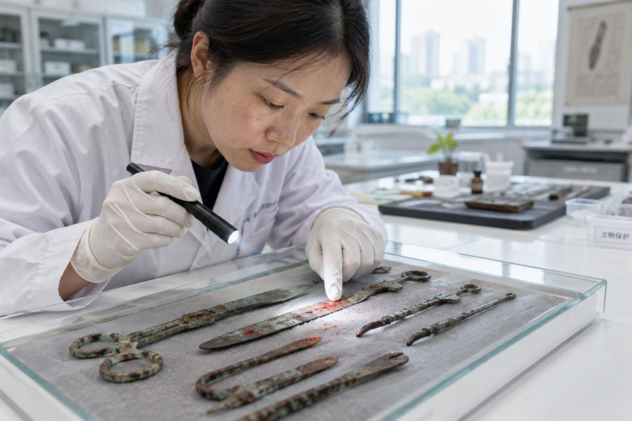 Détail agrandi d'anciens instruments chirurgicaux en métal d'époque Ming portant des traces rouges identifiées comme de l'aconitine, un poison utilisé comme anesthésiant topique lors d'opérations chirurgicales.