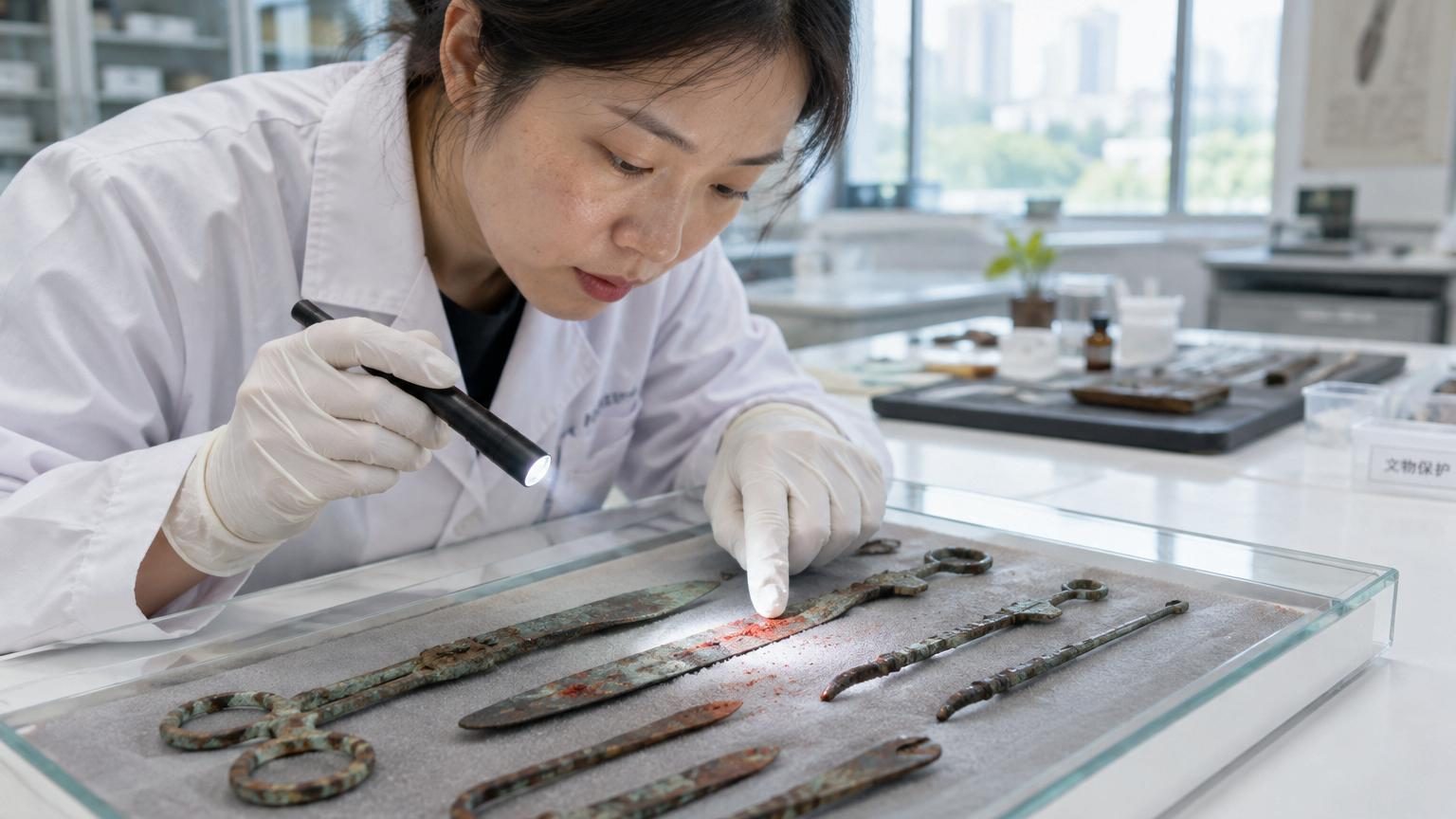 Détail agrandi d'anciens instruments chirurgicaux en métal d'époque Ming portant des traces rouges identifiées comme de l'aconitine, un poison utilisé comme anesthésiant topique lors d'opérations chirurgicales.