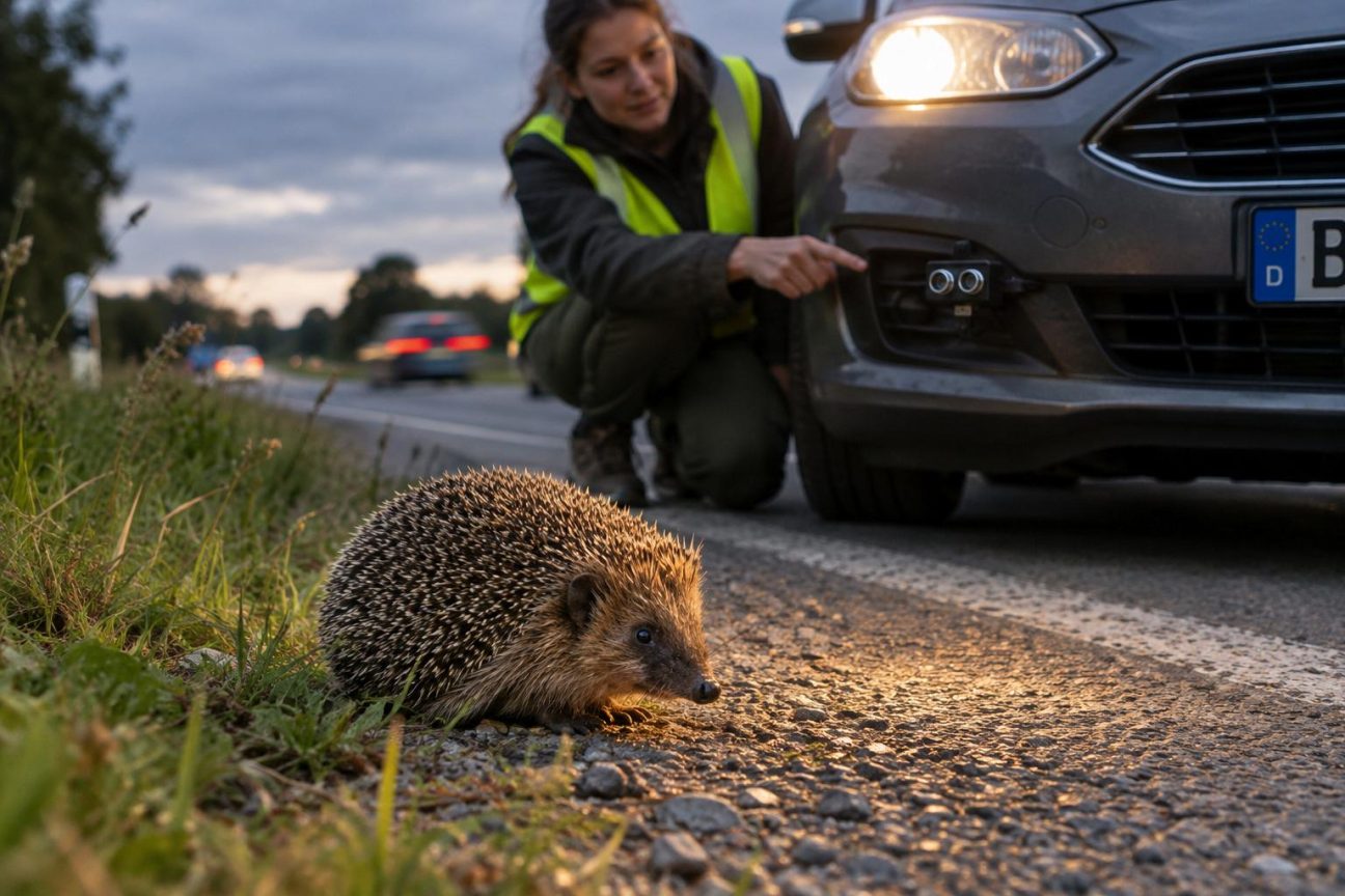 Illustration conceptuelle montrant un hérisson sur une route avec des ondes sonores ultrasonores invisibles émanant d'une voiture pour le repousser du danger routier.