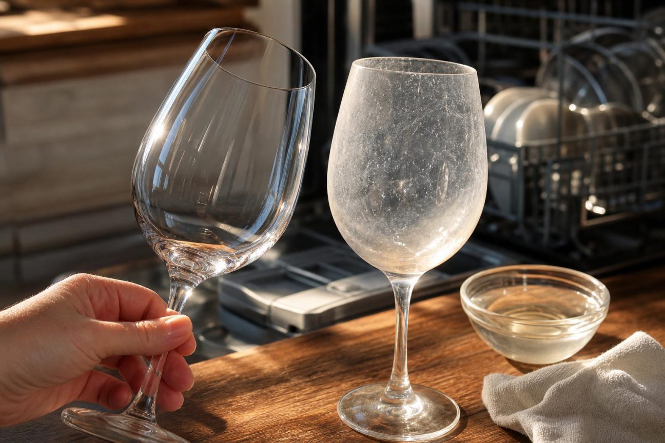 Un verre transparent posé sur une table, avec la lumière du jour qui révèle légèrement un voile blanc laiteux à sa surface, illustrant l'opacité problématique après lavage au lave-vaisselle.
