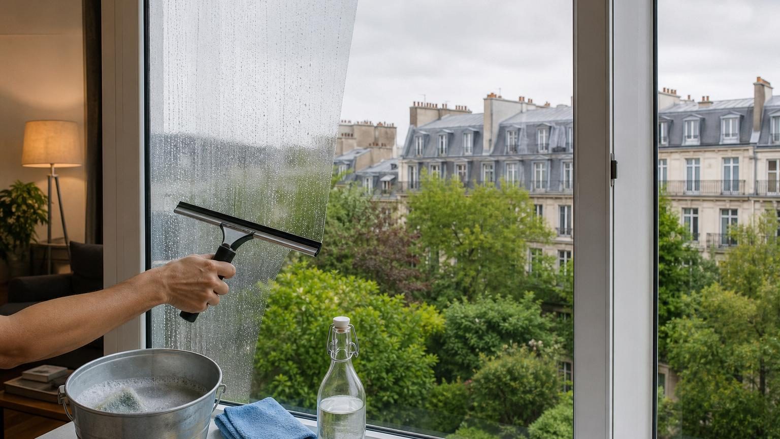 Main tenant une raclette en caoutchouc qui essuie une vitre propre de haut en bas, avec de l'eau savonneuse coulant régulièrement, dans une salle de bain bien éclairée.