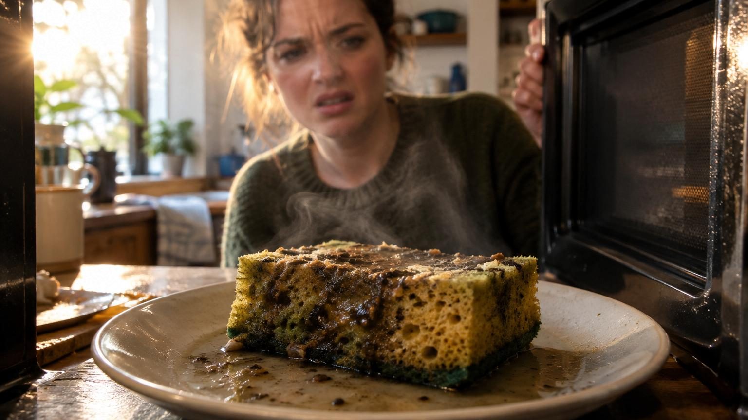Gros plan d'une éponge de cuisine jaune et orange imbibée d'eau, sur un fond de cuisine flou avec robinet et évier