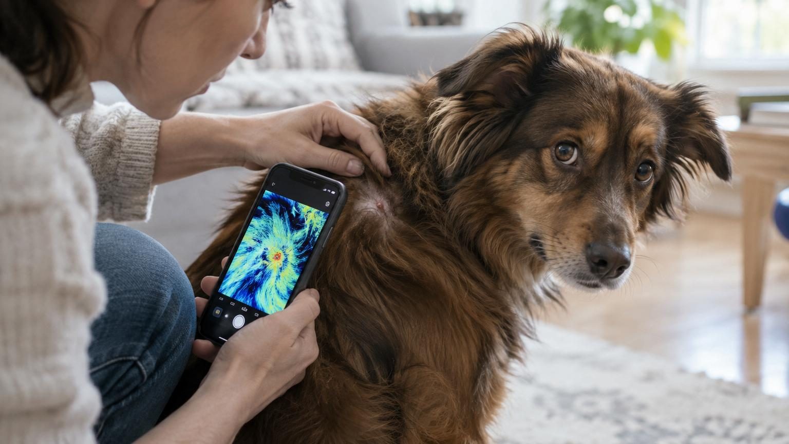 Gros plan d'une caméra de smartphone scannant le pelage blond d'un chien avec un filtre d'inversion de couleurs activé, révélant une petite tique sombre en point lumineux distinct.