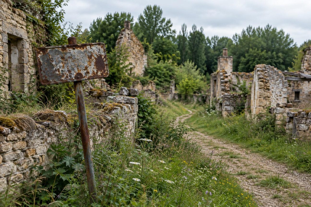 Panneau blanc sur fond bleu annonçant « Beaumont-en-Verdunois » au bord d'une route forestière, entouré d'arbres et de végétation dense, symbole d'un village effacé de la carte.