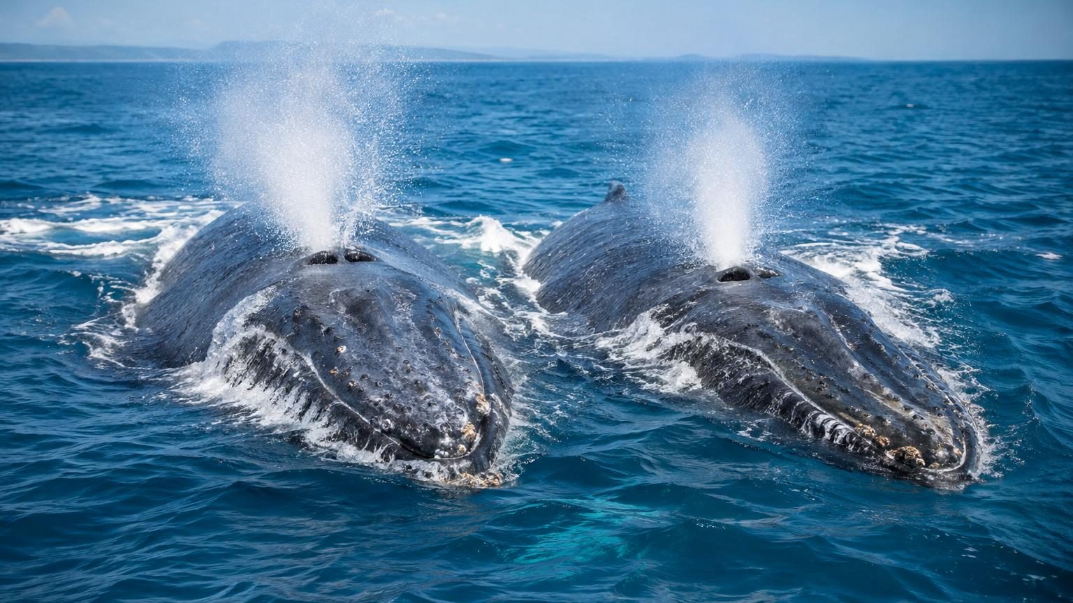 Une baleine à bosse vue de dessus traversant l'océan, avec en arrière-plan les côtes de l'Australie et du Brésil reliées par une ligne illustrant sa migration de 14 500 kilomètres.