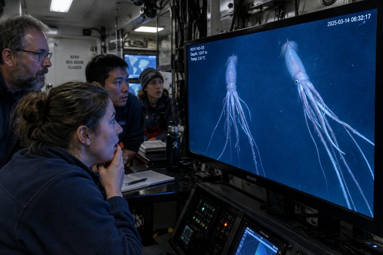 Deux calmars géants aux bras filiformes interminables flottant dans l'obscurité abyssale, éclairés par les projecteurs du robot téléopéré, à plus de 4 300 mètres de profondeur dans l'Atlantique.