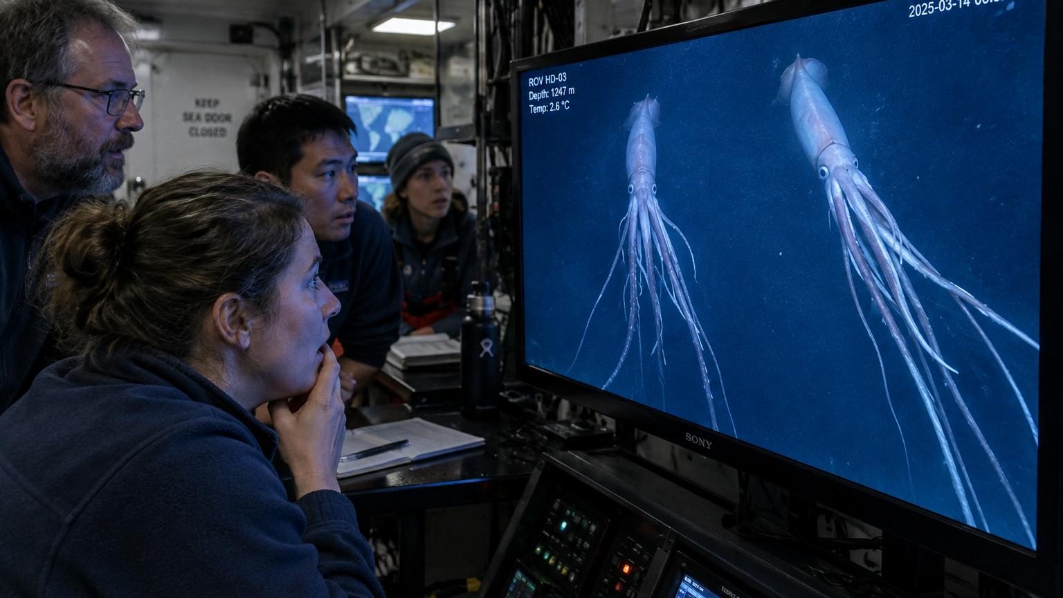 Deux calmars géants aux bras filiformes interminables flottant dans l'obscurité abyssale, éclairés par les projecteurs du robot téléopéré, à plus de 4 300 mètres de profondeur dans l'Atlantique.