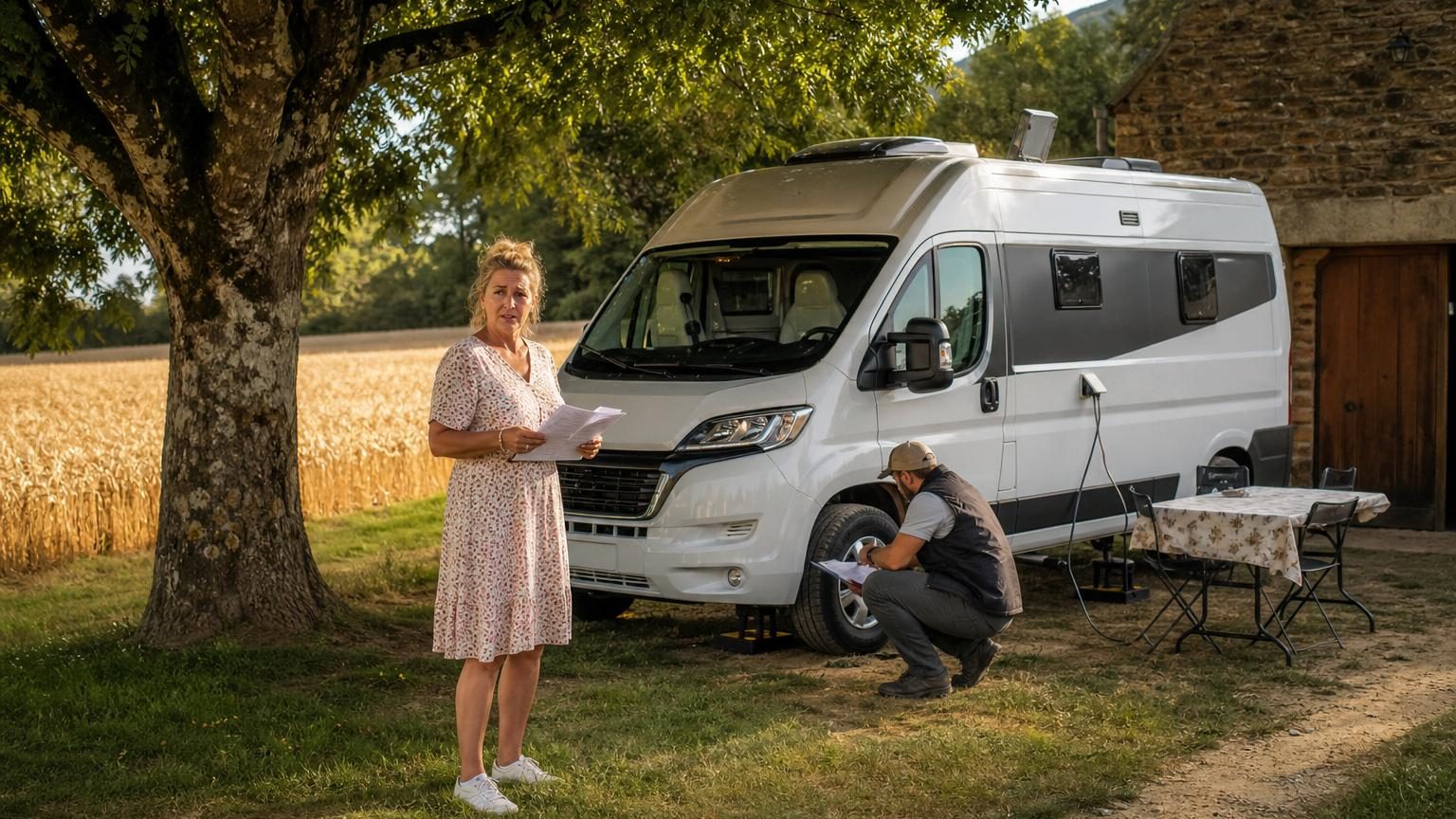 Camping-car garé au fond d'un terrain herbeux derrière une grange, avec un vieux noyer, table de jardin et raccordements électriques visibles, paysage agricole rural.