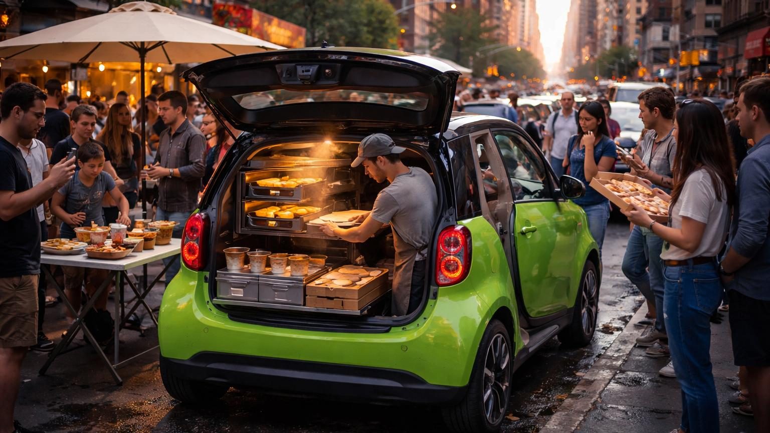 Une Smart Fortwo vert vif stationnée dans une rue de New York avec son coffre ouvert, laissant voir deux petits fours et une table pliante à proximité, tandis qu'un chef prépare des pizzas.