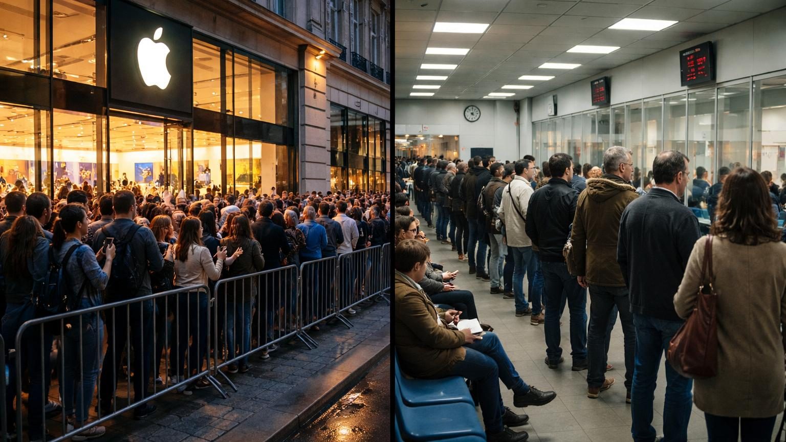 Une personne seule face à une longue file d'attente dans un couloir gris administratif, montrant l'ennui et l'impatience.