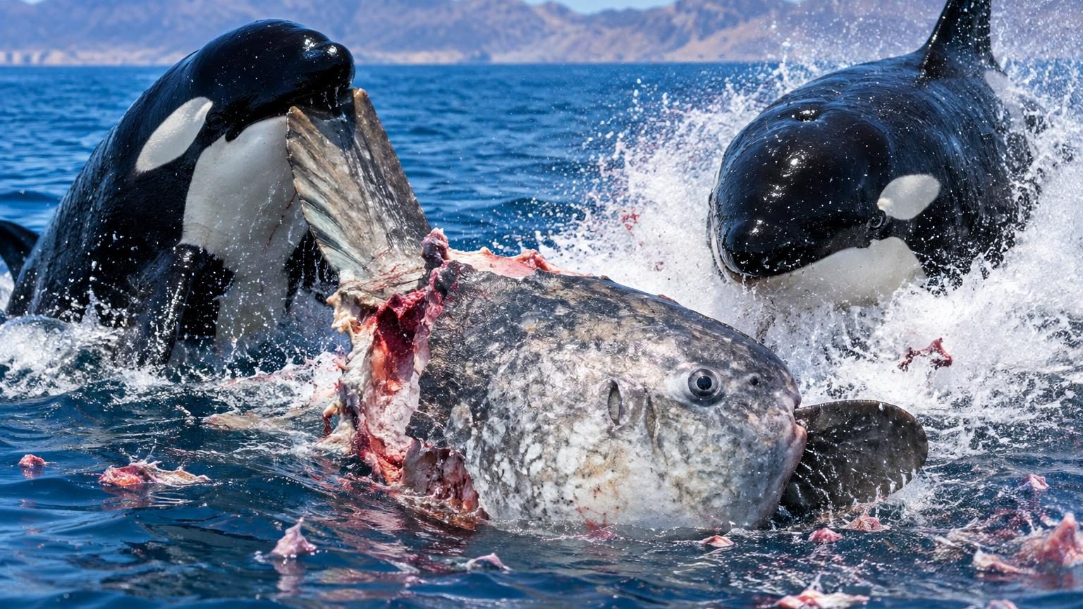 Deux orques collaborent pour fragmenter un énorme poisson-lune en miettes dans les eaux du golfe de Californie.
