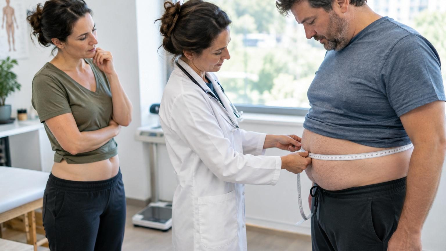 Silhouettes de deux personnes de profil avec même IMC mais répartition différente de la graisse : l'une avec accumulation abdominale, l'autre mieux répartie, symbolisant le rôle du tour de taille.