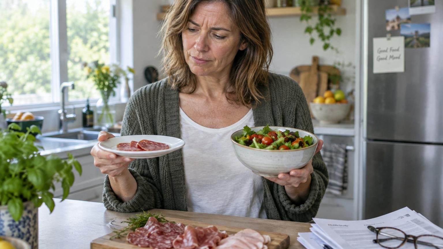 Composition d'images montrant des tranches de charcuterie, de saucisses et de produits carnés transformés à côté d'une silhouette de cerveau illustrant le lien entre alimentation ultra-transformée et santé cognitive.
