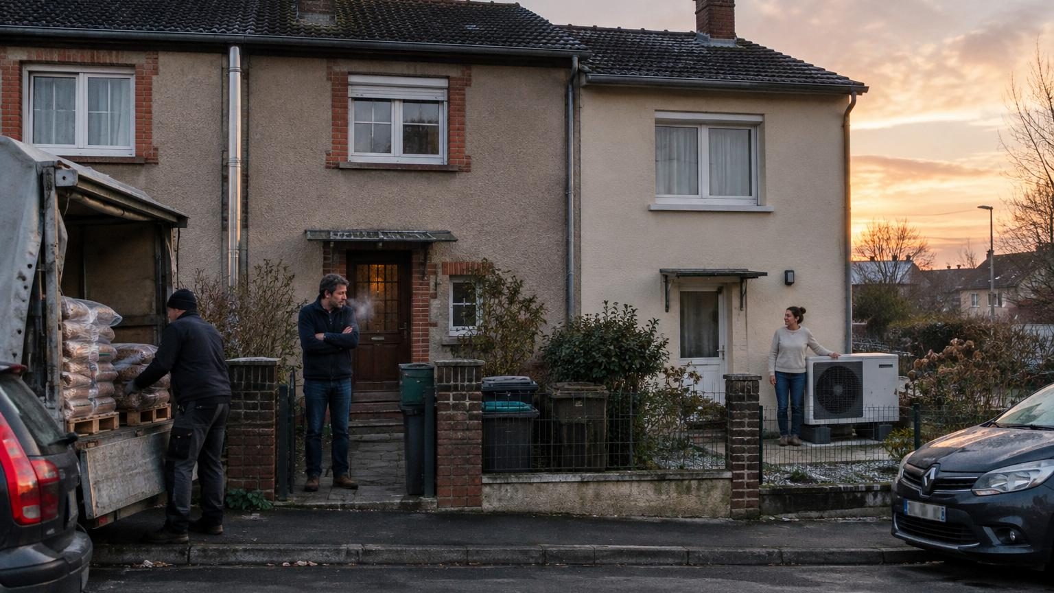 Deux maisons de voisins côte à côte : l'une avec de la fumée s'échappant d'une cheminée et un poêle à granulés visible, l'autre équipée d'une pompe à chaleur air-eau blanche fixée au mur, symbolisant le contraste entre deux systèmes de chauffage.