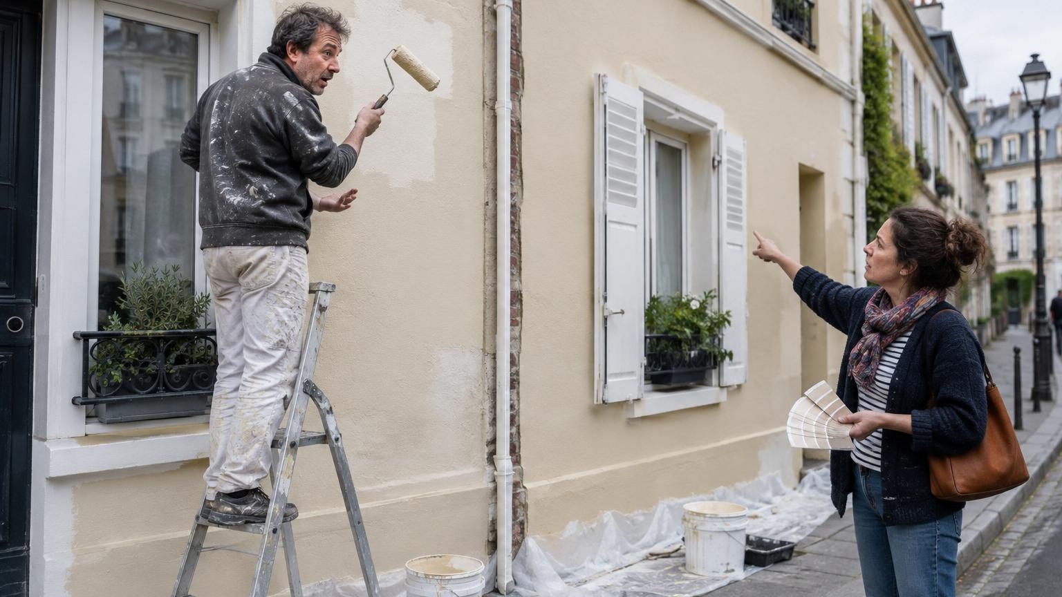 Deux pavillons côte à côte avec façades repeintes dans la même teinte beige clair, l'un neuf et rafraîchi, illustrant le contraste entre une rénovation régulière et une avec risques administratifs.