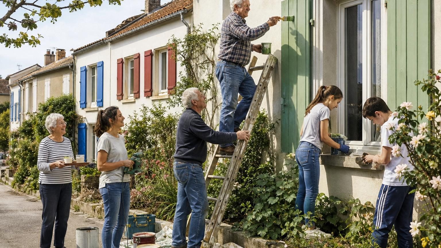 Deux hommes retraités repeignent des volets verts sur une petite maison, l'un sur une échelle et l'autre au sol tenant le pot de peinture, dans une rue calme de pavillons.