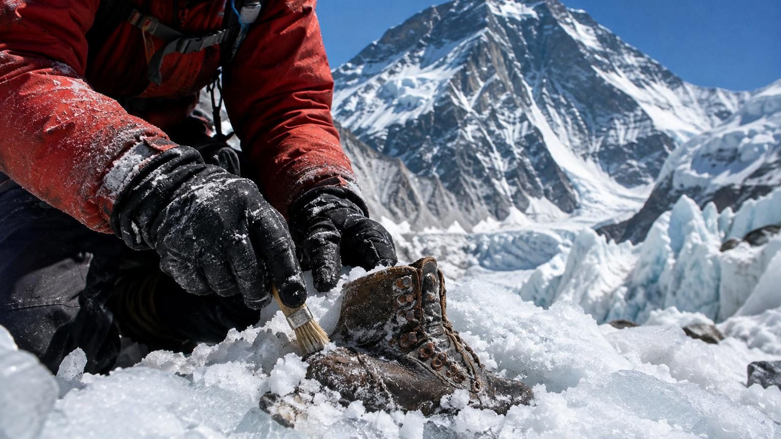 Silhouette d'un alpiniste en équipement de haute montagne sur une pente enneigée de l'Everest, avec le sommet en arrière-plan sous un ciel dégagé.