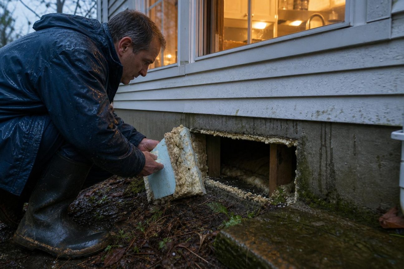 Gros plan sur une grille d'aération métallique d'un vide-sanitaire, entourée de traces d'humidité sombre sur un mur de parpaing.