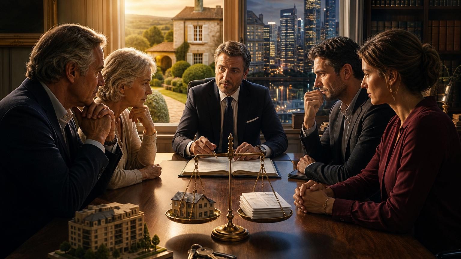 Scène familiale autour d'une table avec trois enfants adultes et un parent qui discute d'une donation, avec des documents et une calculatrice montrant l'enjeu financier de la succession