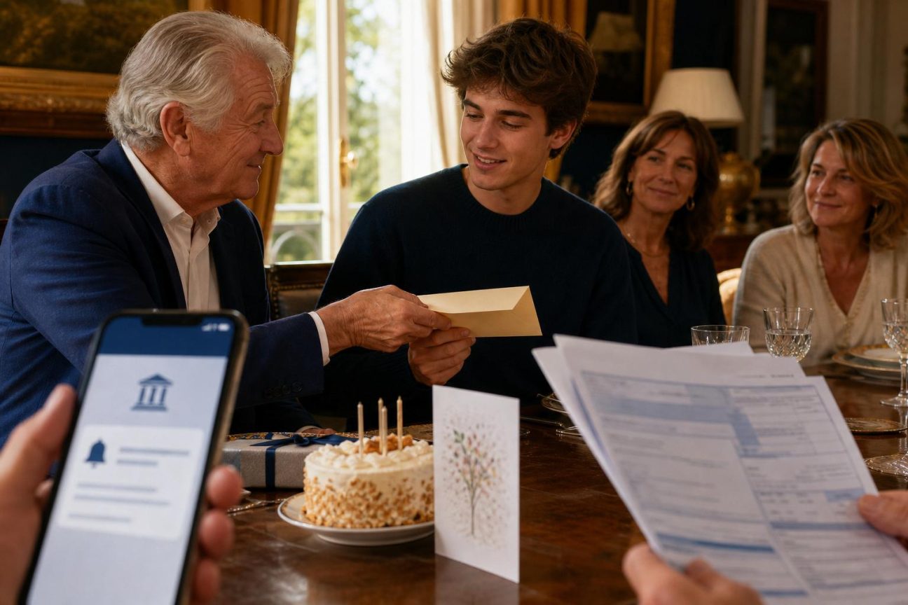 Enveloppe ouverte contenant un billet de banque, une carte d'anniversaire colorée et des bougies, symbolisant un cadeau financier générationnel en contexte familial.