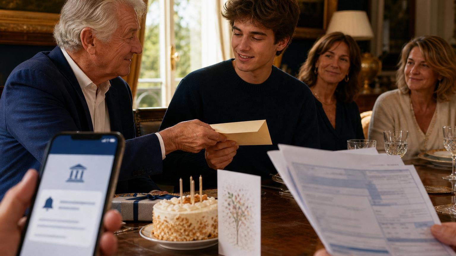 Enveloppe ouverte contenant un billet de banque, une carte d'anniversaire colorée et des bougies, symbolisant un cadeau financier générationnel en contexte familial.