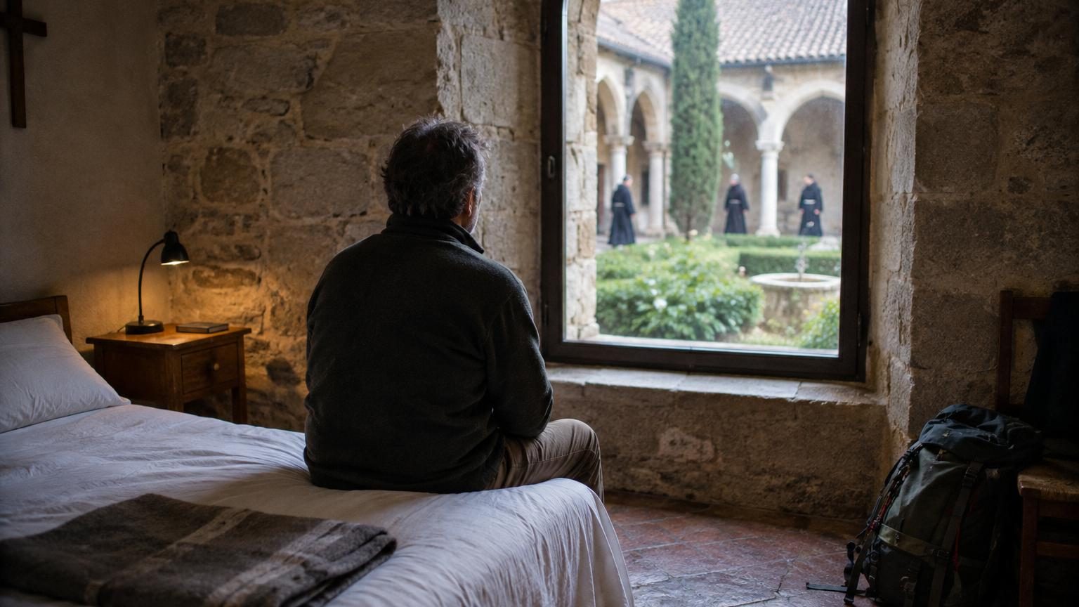 Cloître aux voûtes romanesà l'intérieur d'un monastère, avec arcs en pierre et colonnes, baigné de lumière naturelle, symbolisant la sérénité et l'histoire architecturale des abbayes européennes converties en hôtels.