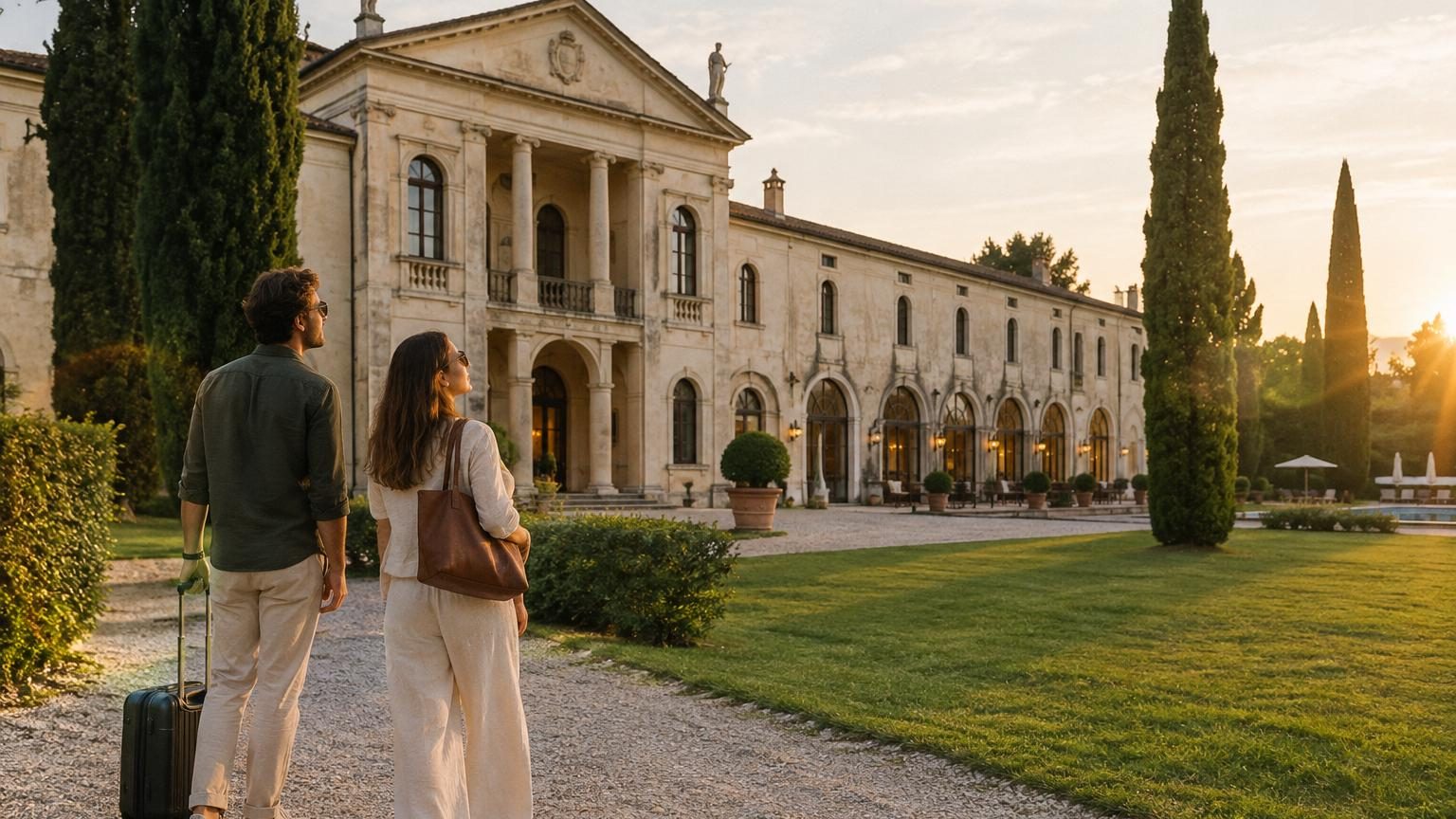 Façade élégante d'une bâtisse agricole historique transformée en hôtel, intégrée au parc d'une villa palladienne en Vénétie, avec jardin classique et architecture de la Renaissance.