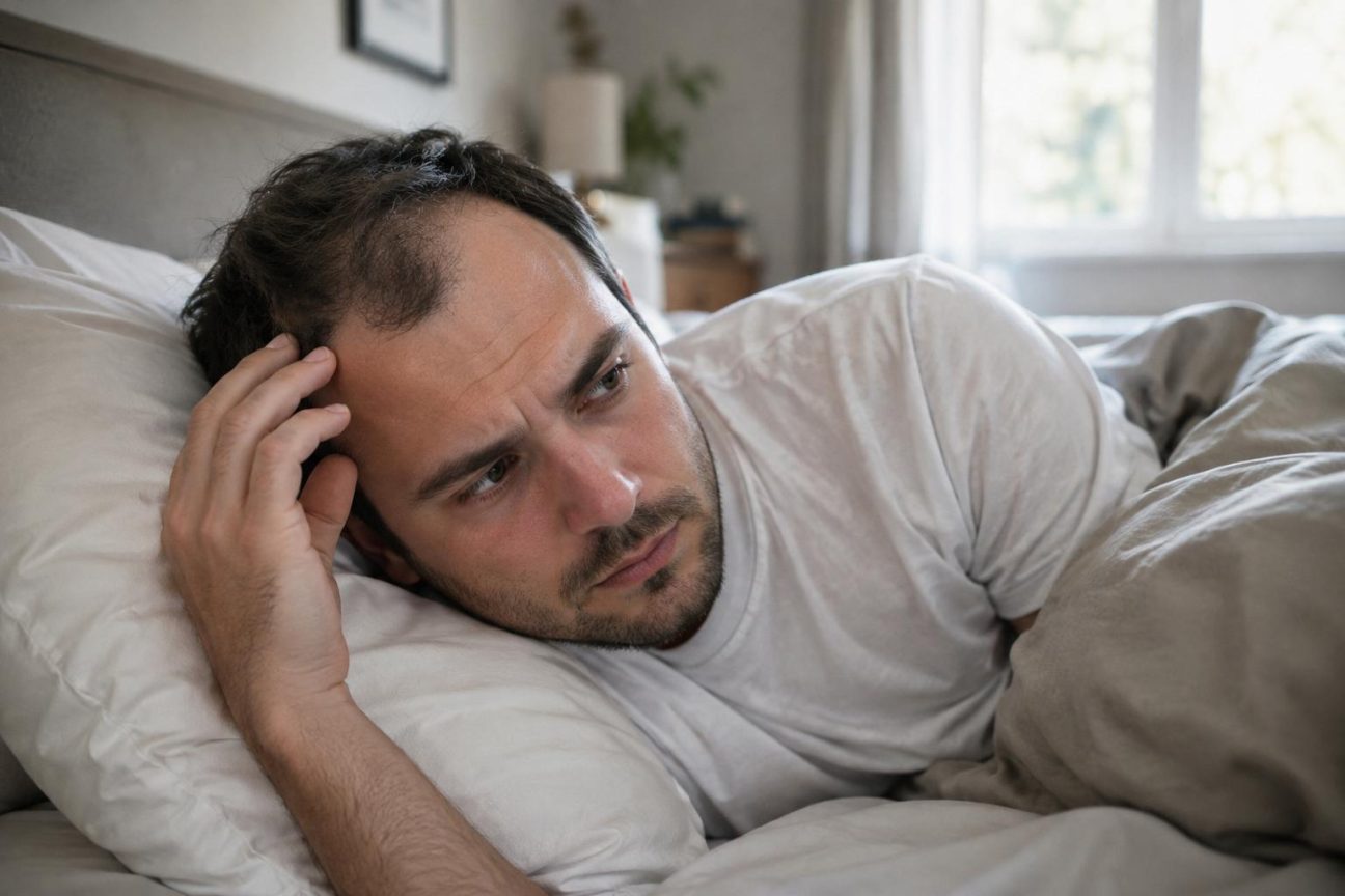 Homme dormant sur le côté avec sa tête reposant sur un oreiller blanc, illustrant la position de sommeil étudiée en relation avec la perte de cheveux