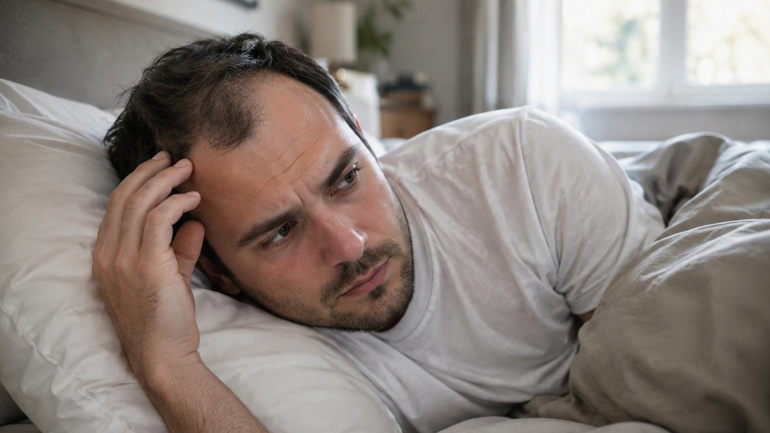 Homme dormant sur le côté avec sa tête reposant sur un oreiller blanc, illustrant la position de sommeil étudiée en relation avec la perte de cheveux