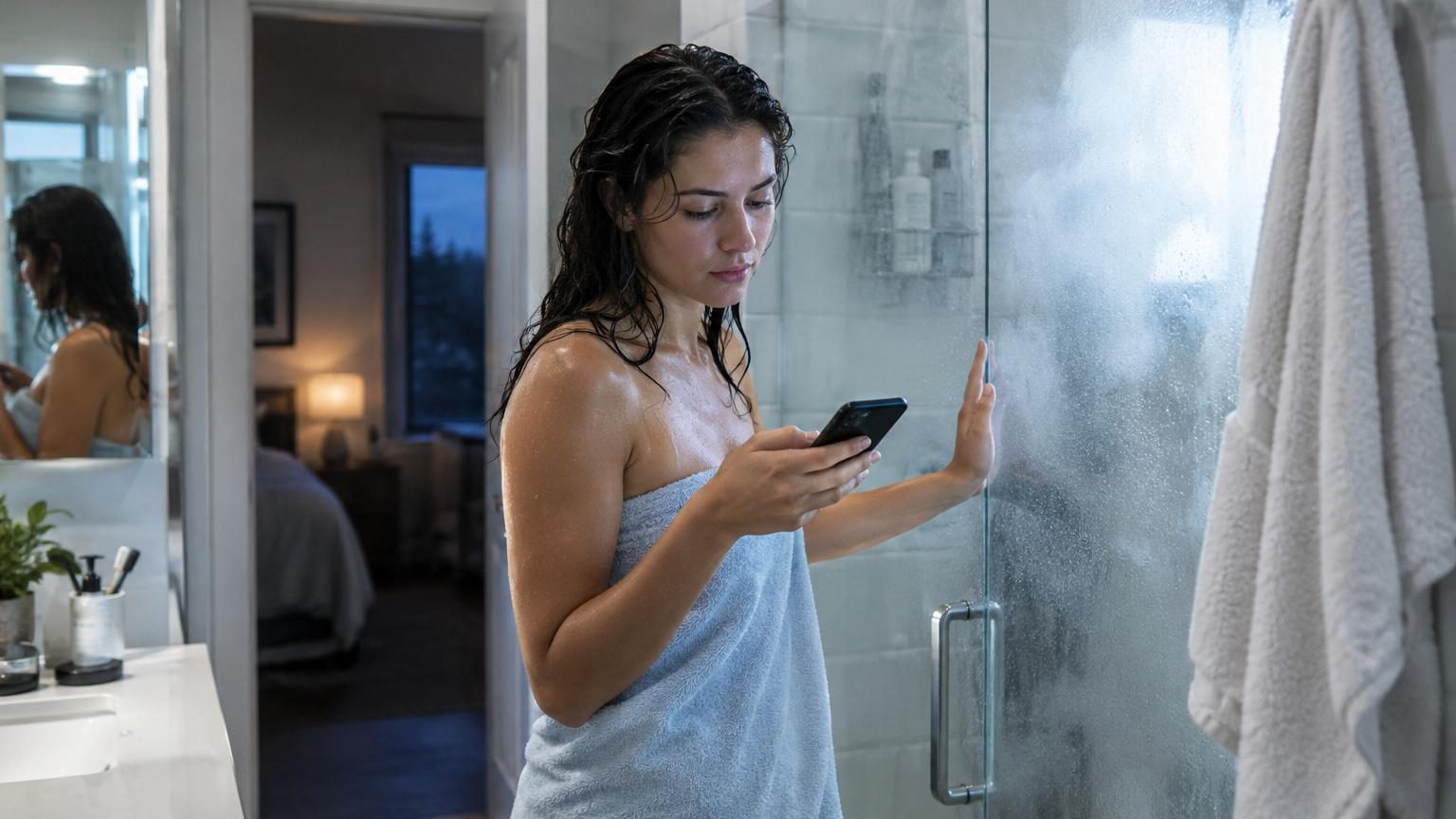 Salle de bains épurée avec une personne prenant une douche matinale, lumière naturelle du matin entrant par une fenêtre, carrelage blanc et robinetterie moderne.