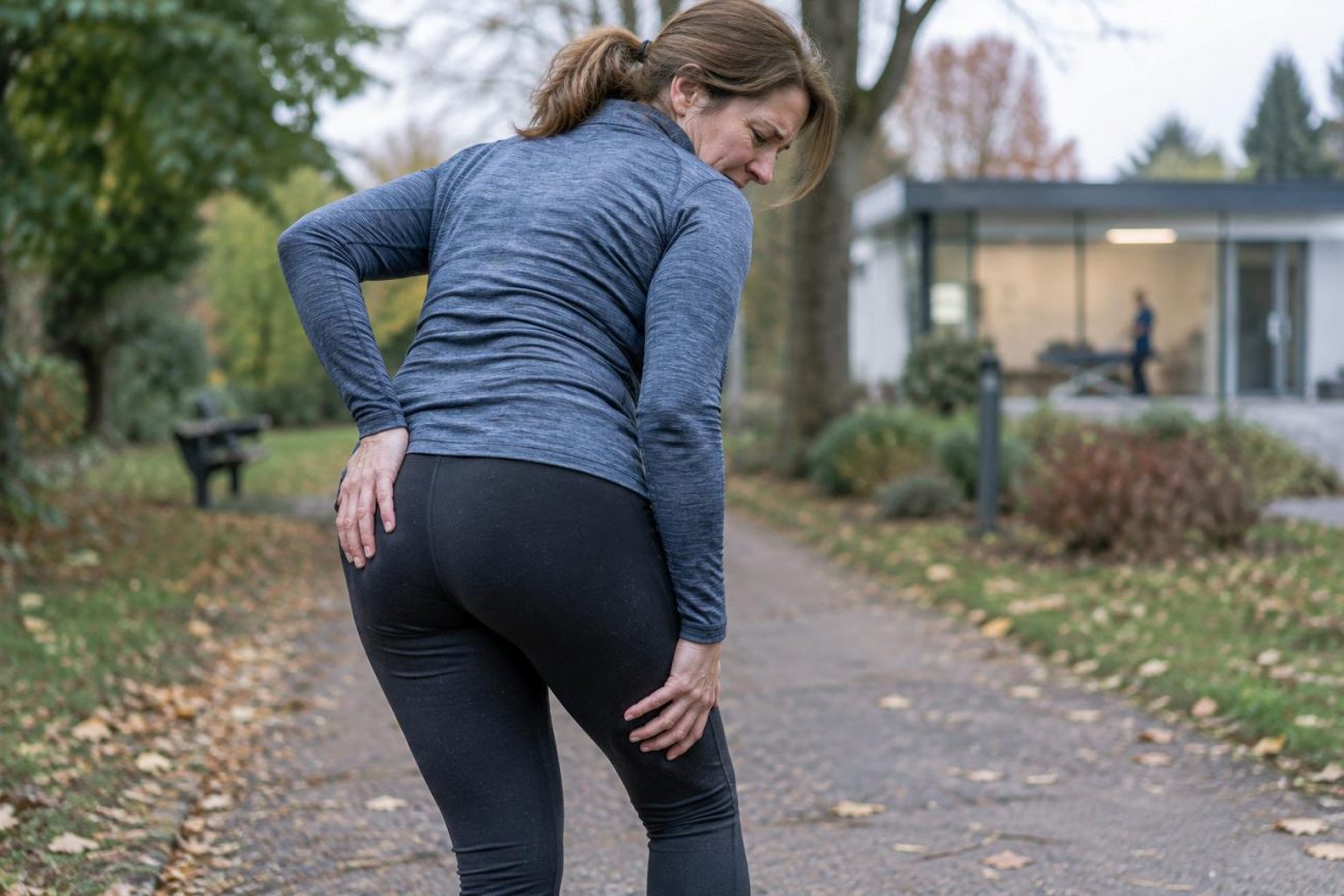 Illustration montrant l'anatomie de la fesse avec le muscle piriforme en relief et le nerf sciatique passant à proximité, figurant la compression nerveuse responsable de la douleur.
