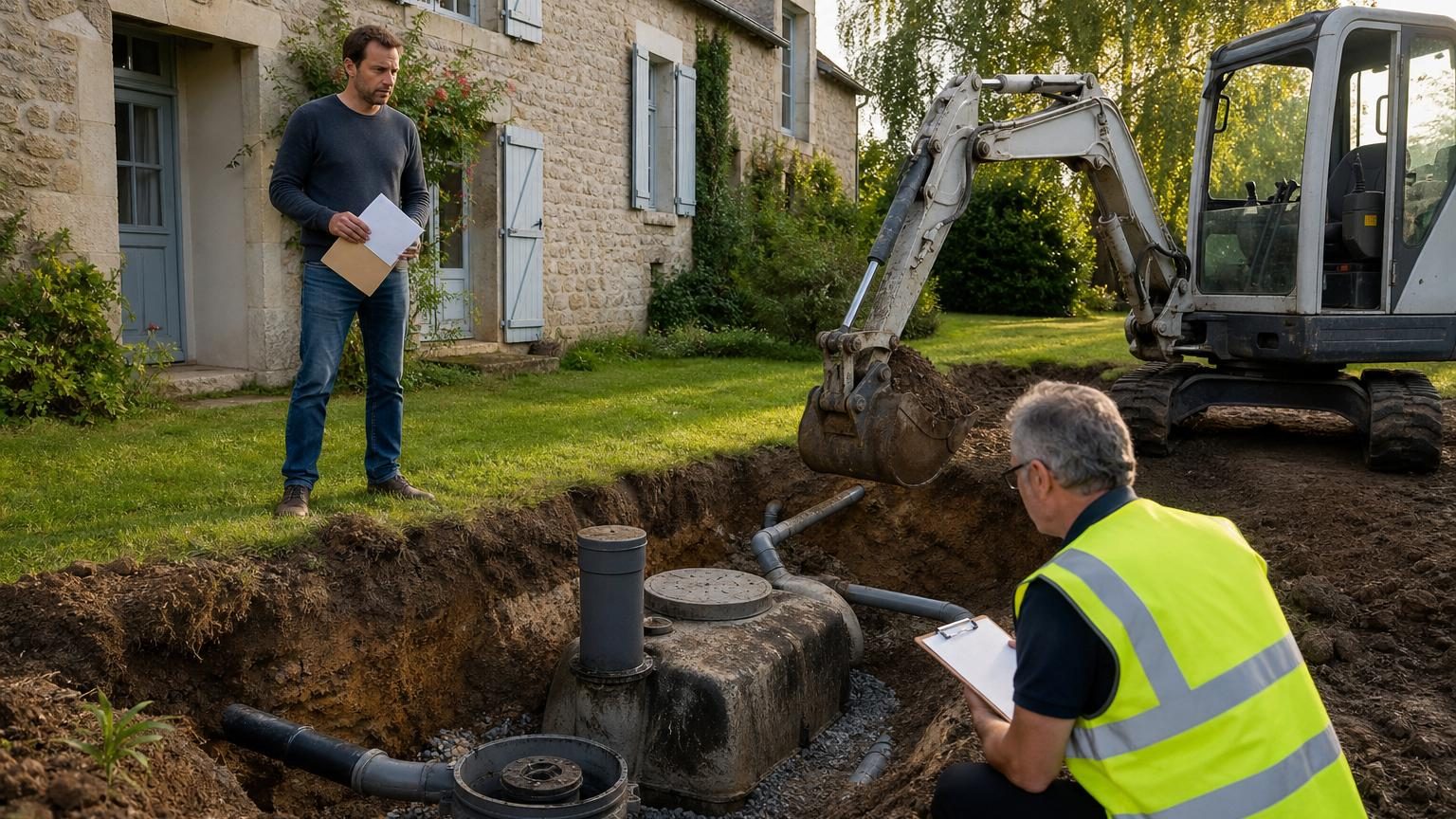 Document administratif blanc sur table avec stylo et bloc-notes, évoquant les formalités d'assainissement et les procédures administratives liées à l'achat immobilier rural.