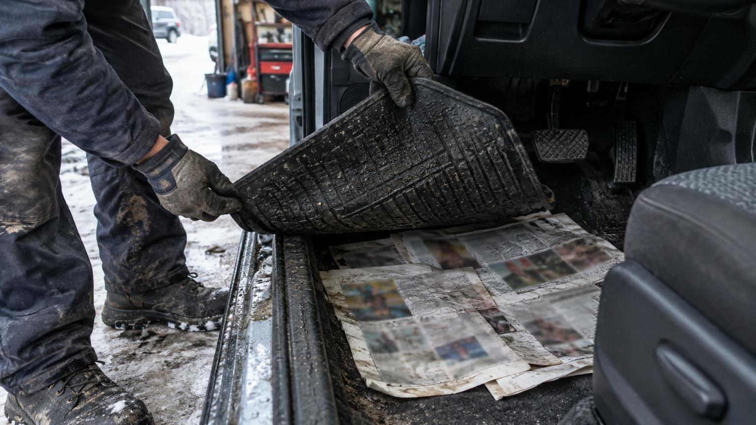 Du papier journal sous les tapis de voiture : l'astuce des garagistes pour garder un habitacle sec tout l'hiver