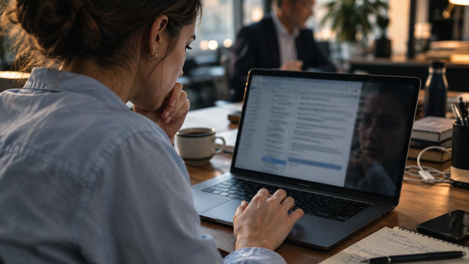 Écran d'ordinateur affichant un brouillon d'e-mail professionnel avec formulaire de rédaction et lignes de texte, symbolisant la composition d'une communication écrite en entreprise.