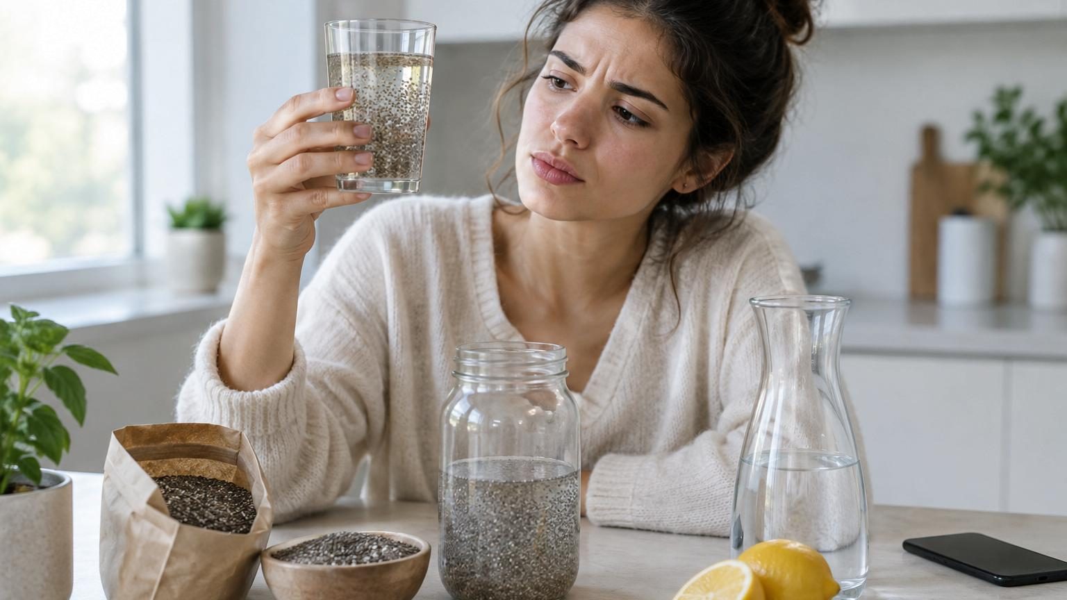 Verre transparent rempli d'eau contenant des graines de chia gonflées formant une texture gélatineuse translucide, avec du jus de citron frais à côté