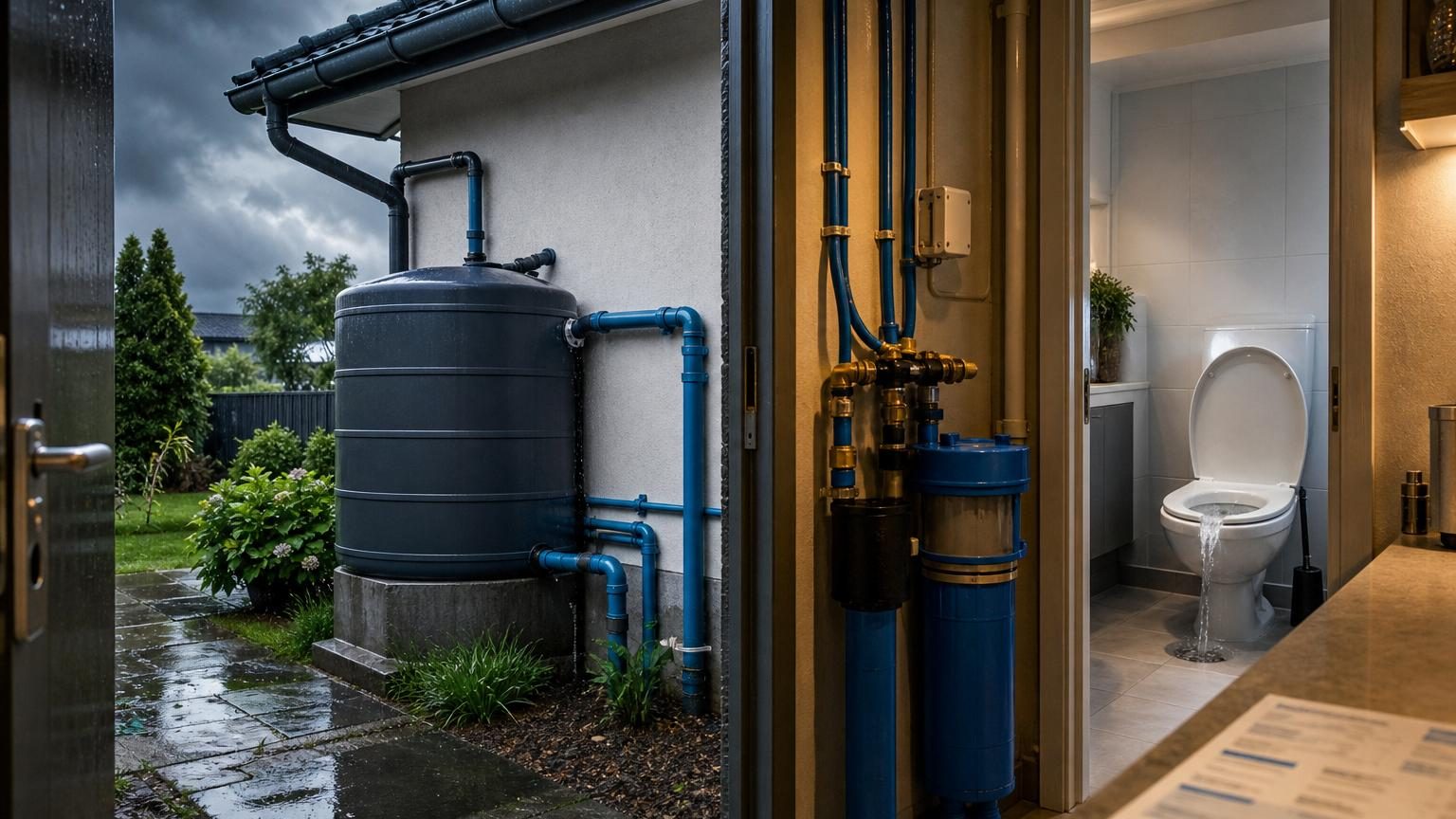 Gouttière avec eau qui s'écoule après une averse; cuve de récupération d'eau de pluie grise en arrière-plan; facture d'eau posée sur une surface, avec la ligne assainissement collectif en évidence.