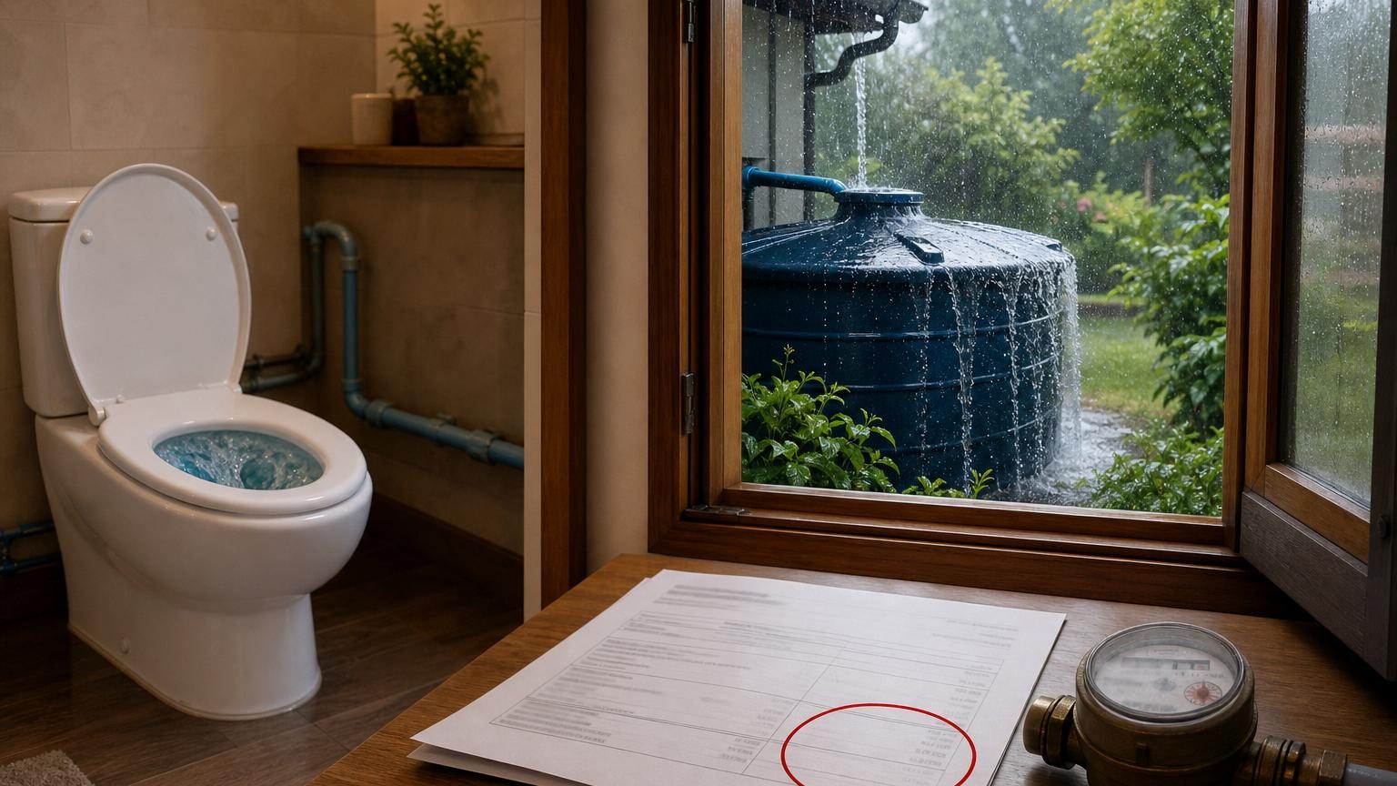 Une cuve de récupération d'eau de pluie enterrée devant une maison, connectée au système de toilettes, avec un compteur d'eau visible et une facture papier au premier plan.