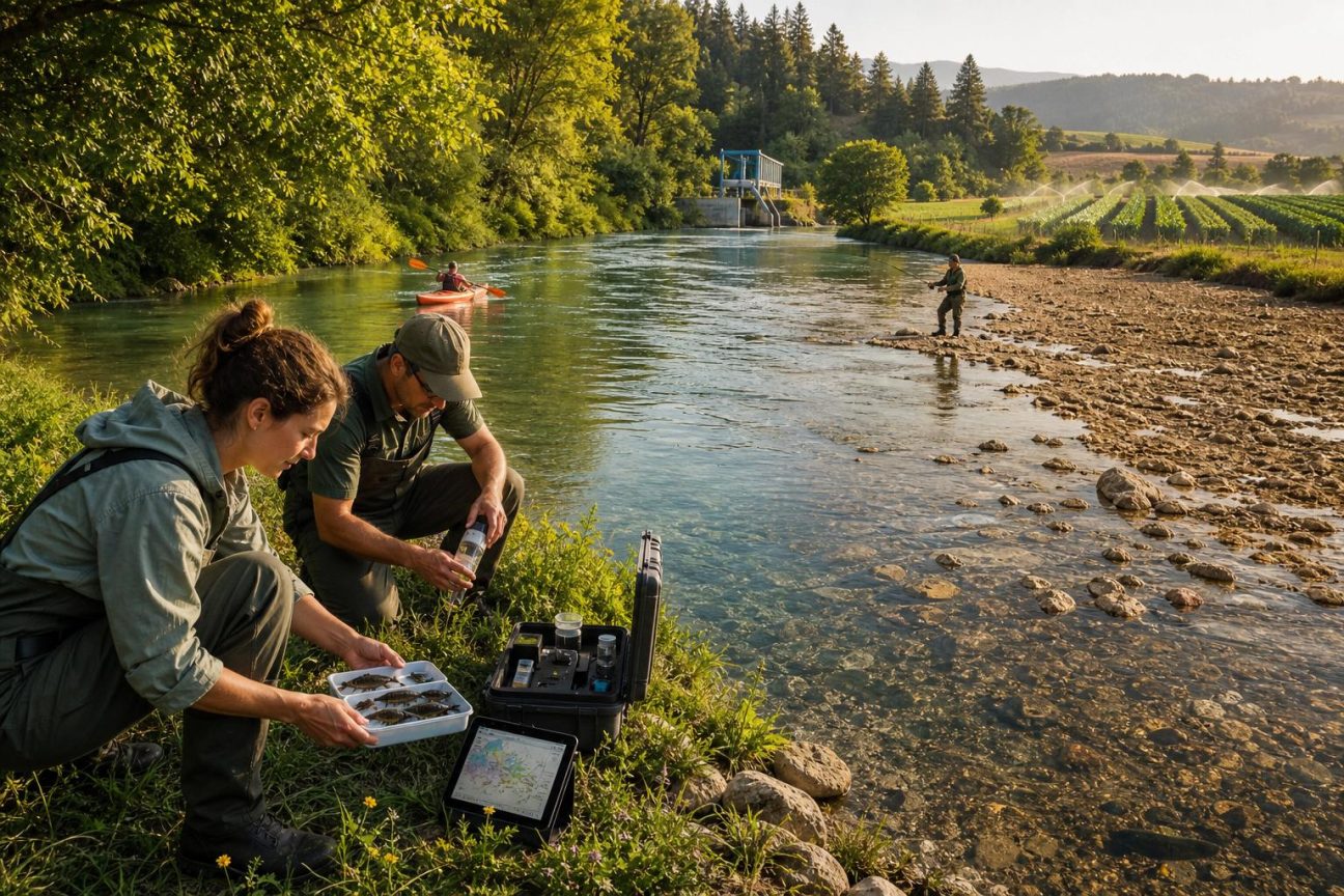 Berge de rivière au petit matin avec pêcheur, chien dans les herbes et station de pompage en arrière-plan alimentant les robinets du village