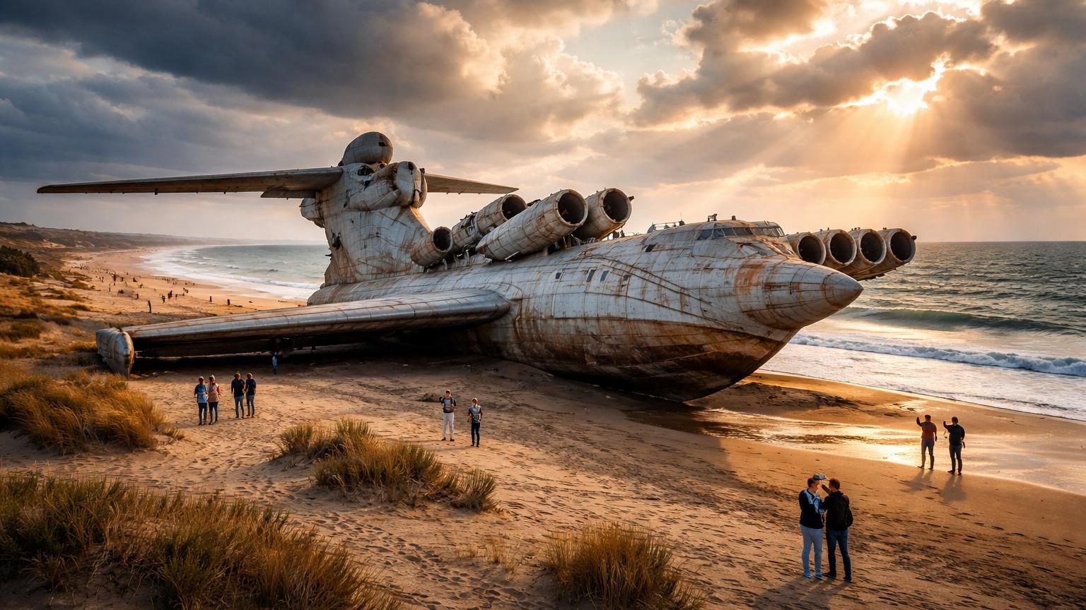 Gigantesque épave métallique d'un ekranoplane soviétique échouée sur une plage déserte de la mer Caspienne, vestiges de la Guerre froide posé dans le sable sous un ciel dégagé.