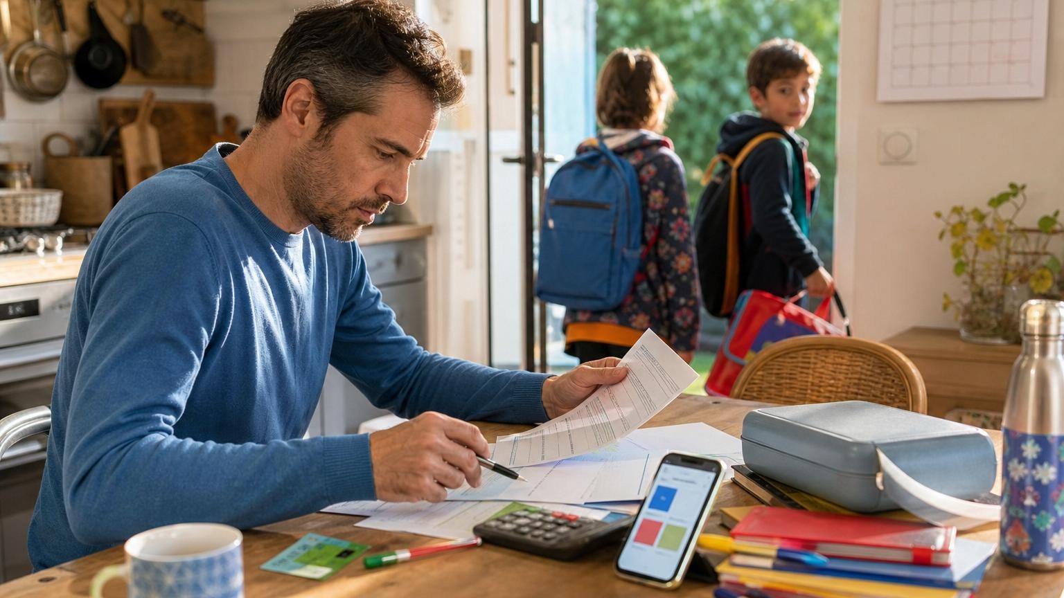 Cartables et fournitures scolaires disposés près d'une porte, avec un calendrier familial chargé de rendez-vous administratifs pour préparer la rentrée scolaire.