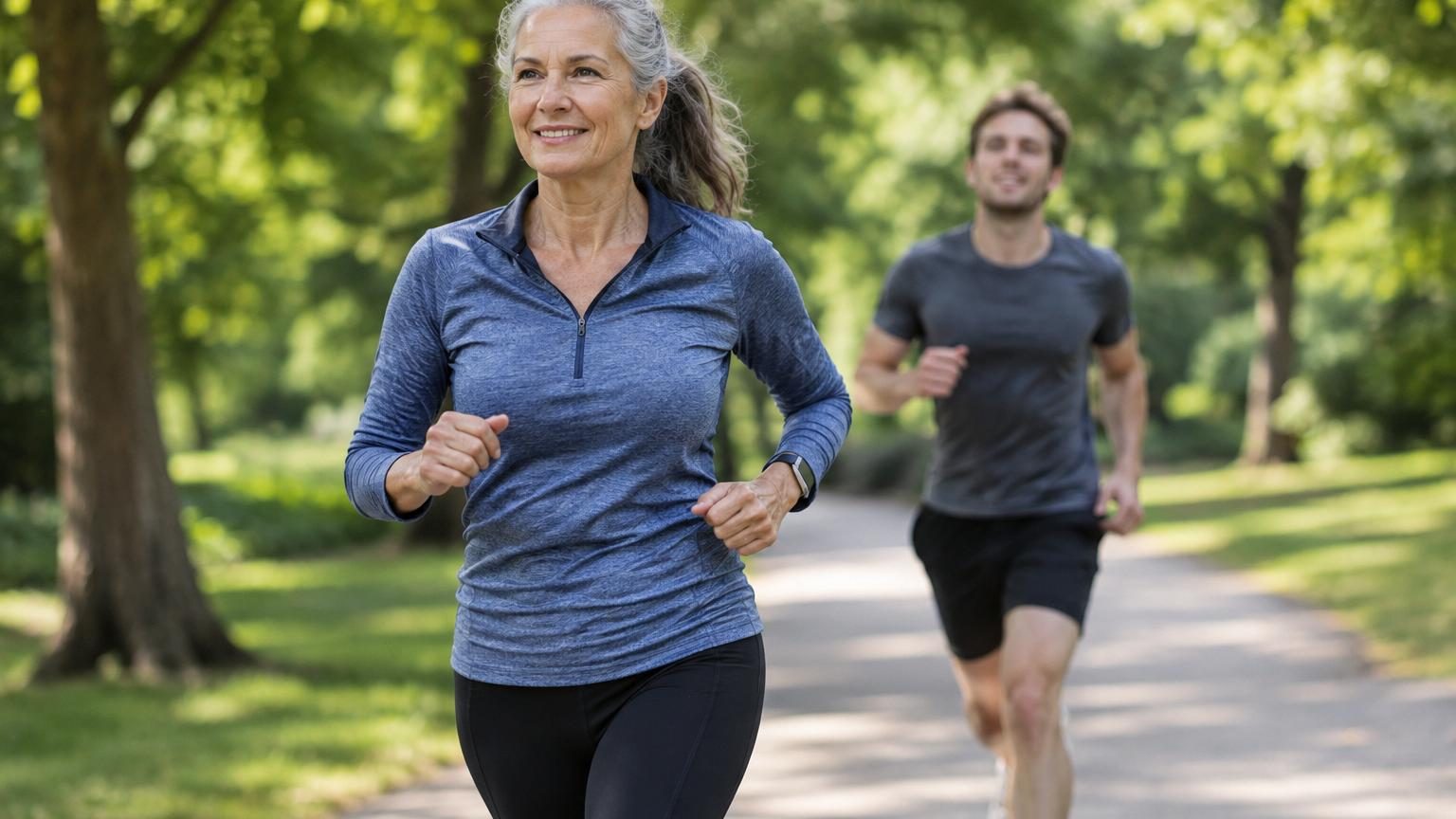 Portrait d'une femme âgée souriante en tenue de sport, marchant dynamiquement dans un parc ensoleillé, symbolisant le bien-être et l'amélioration physique à l'âge avancé.
