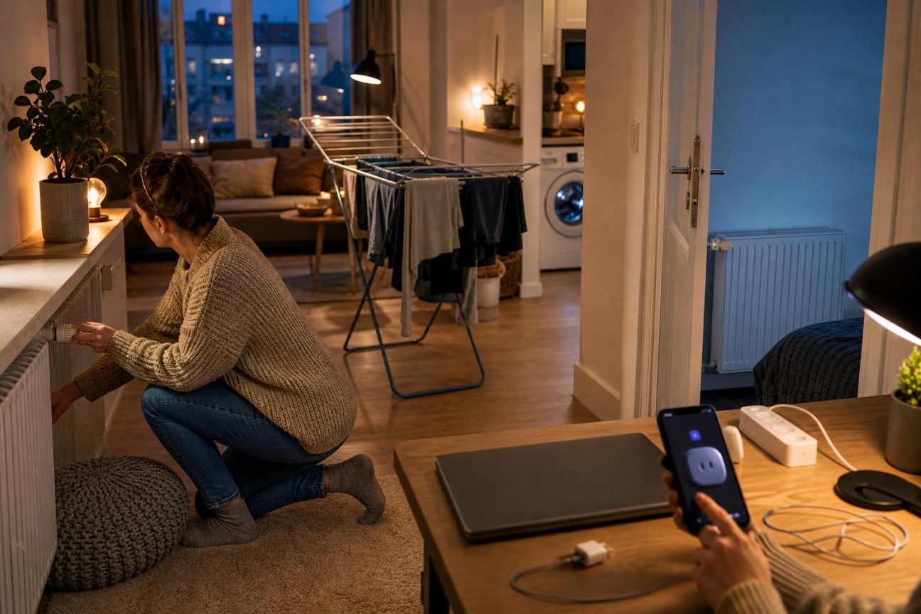 Un thermostat mural moderne affichant une température réglée, symbolisant le contrôle du chauffage domestique pour réaliser des économies d'énergie.