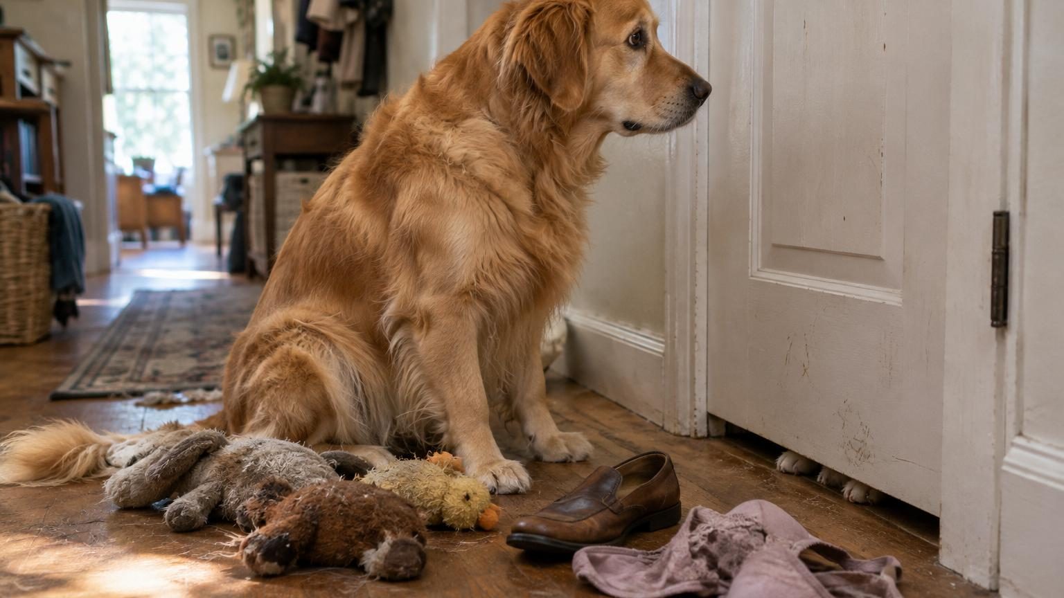 Une golden retriever assise devant une porte fermée a déposé plusieurs objets (peluches, chaussure, soutien-gorge) comme tentative de réconfort envers les chiots qui pleurent derrière.