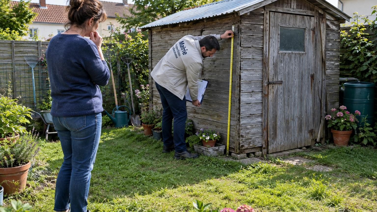 Une petite cabane de jardin en tôle et bois posée au fond d'une parcelle, entourée d'outils et de sacs de terreau, incarnant le bricolage du dimanche devenu problème administratif.