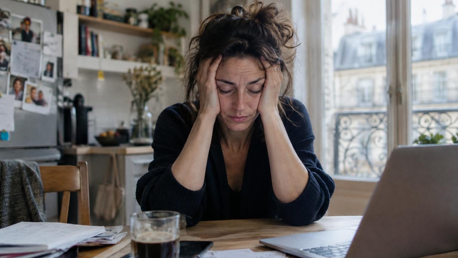 Une femme assise à son bureau, épuisée par l'accumulation de tâches, entourée de projets inachevés et de listes de choses à faire, symbolisant le désalignement entre ses actions et ses vraies priorités.